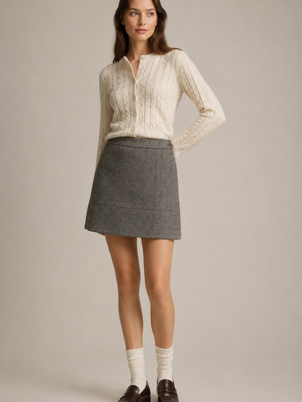 Vintage Wool Herringbone Mini Skirt Gray Heritage Preppy Dark Academia